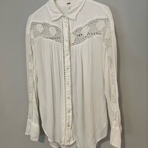 Free People White Long Sleeve Embellished Button Down Shirt